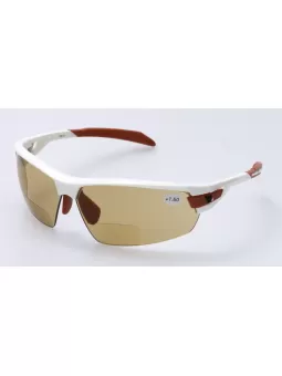 Sportbrille mit Leseteil PHO mit braunen selbsttönenden Gläsern, Rahmen weiss rot
